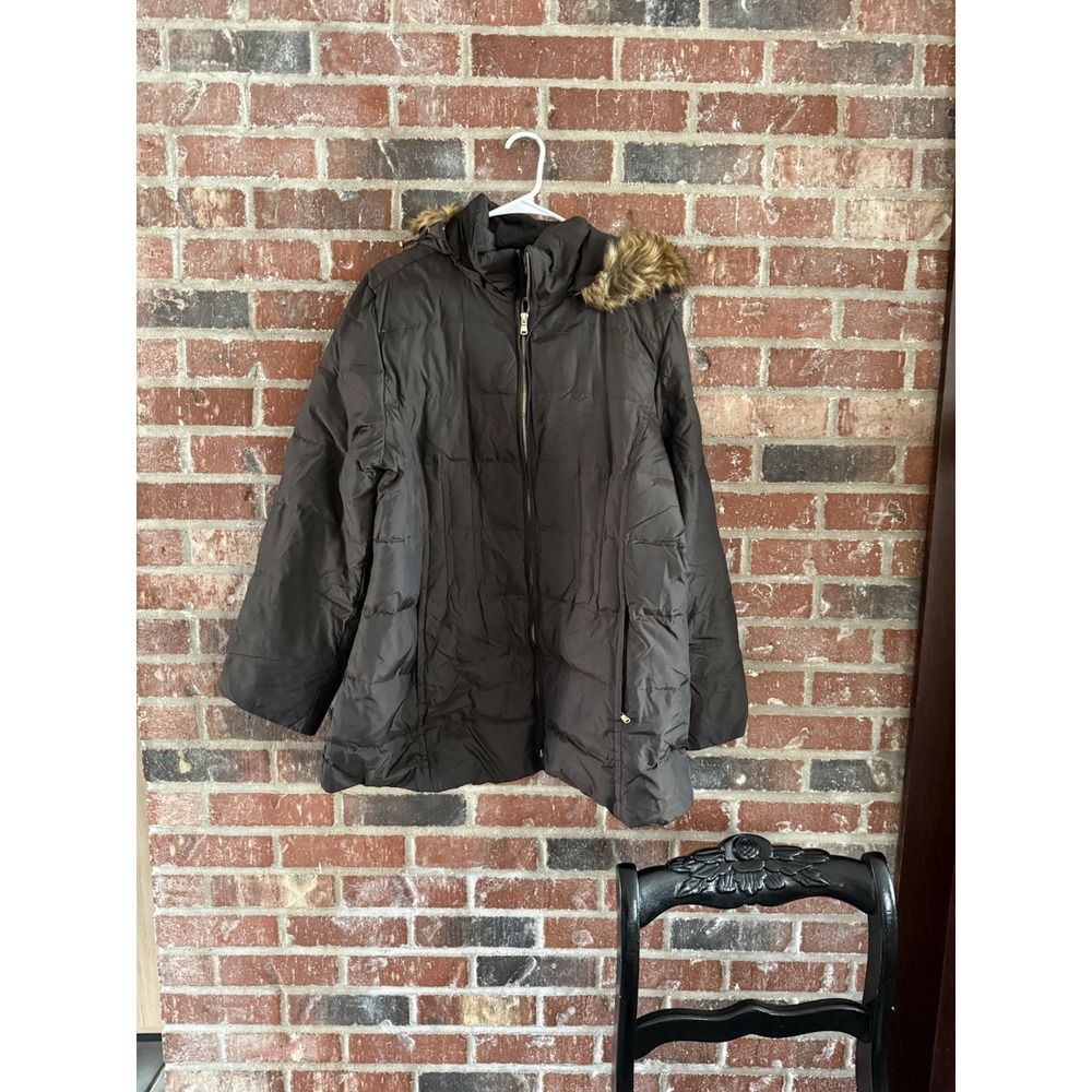 Anne Klein Women Down Puffer Coat Parka Size Black  XL Removable Hood Faux‎ Fur